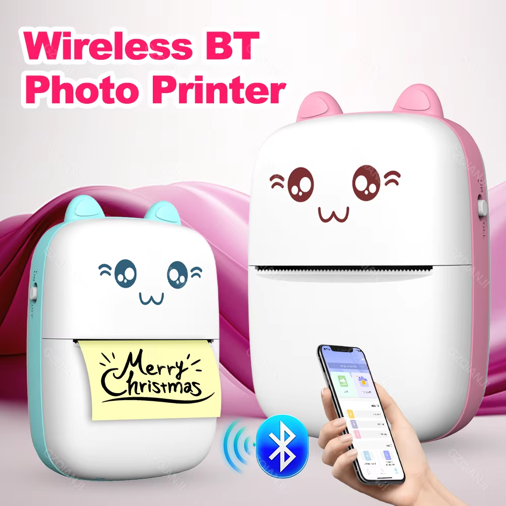 Compact white Bluetooth mini printer with cute cartoon face design