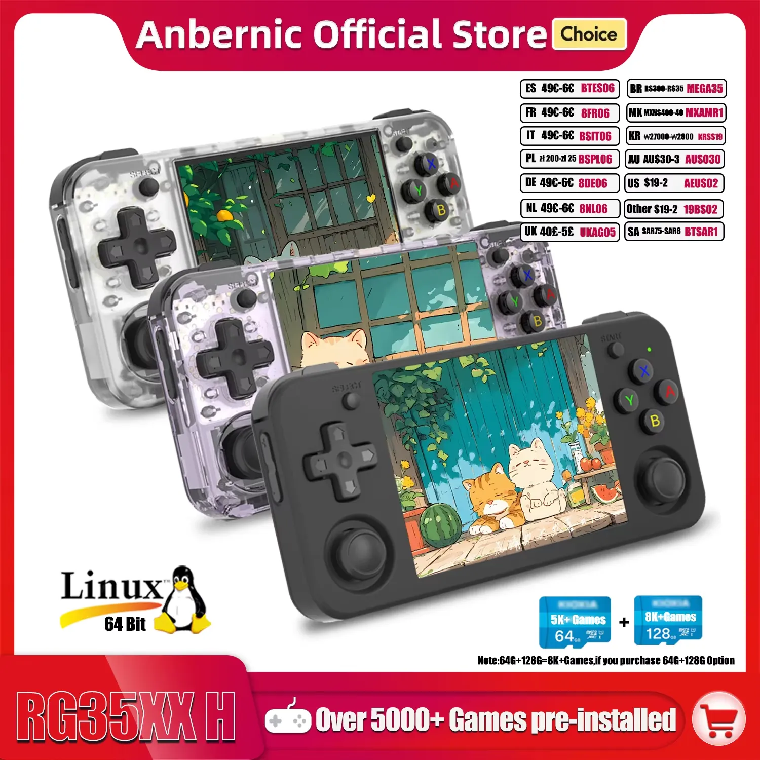 Three RG35XX H handheld consoles in different colors displaying retro games on their screens