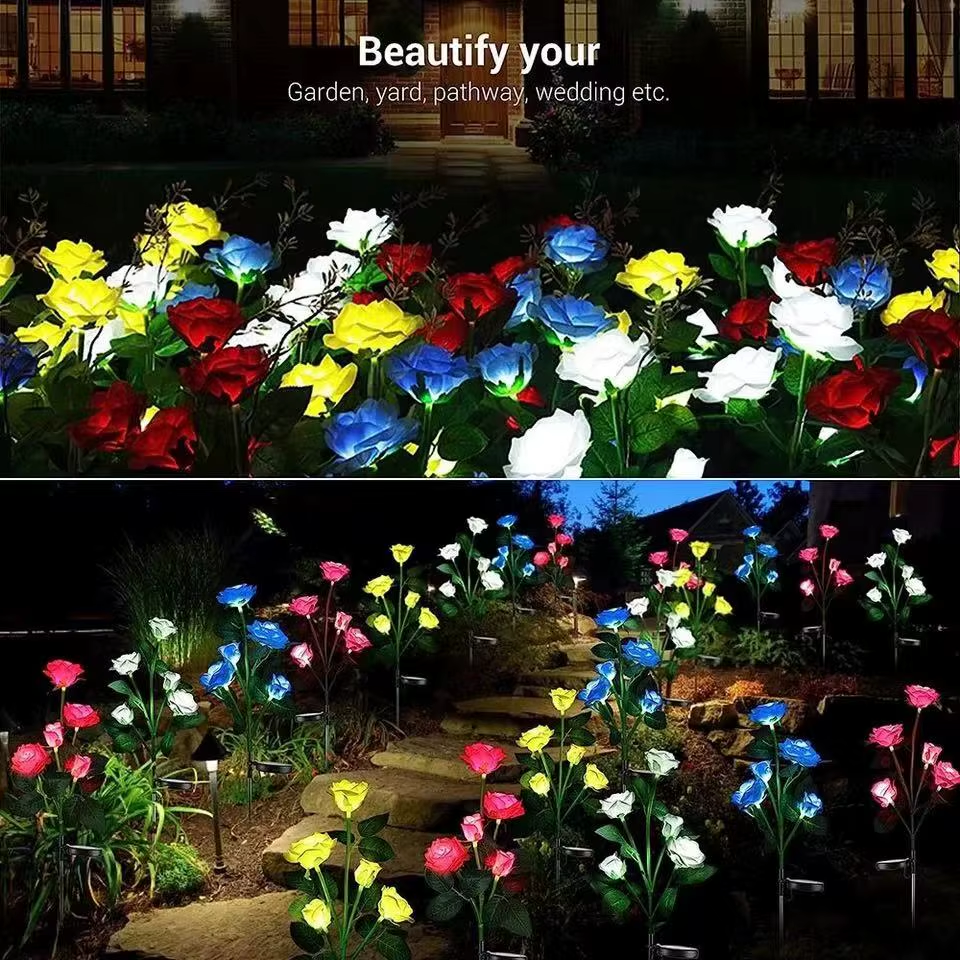 Colorful solar-powered rose lights illuminating a garden at night